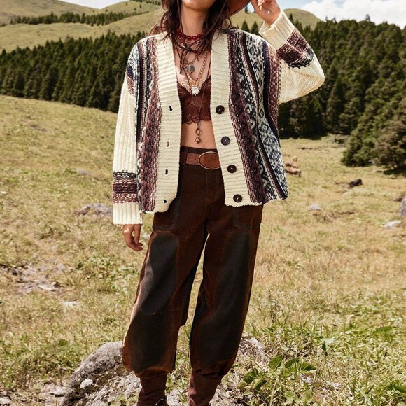 Apricot Boho Style Women's Geometric Striped Knitted Cardigan - Picture 3 of 5